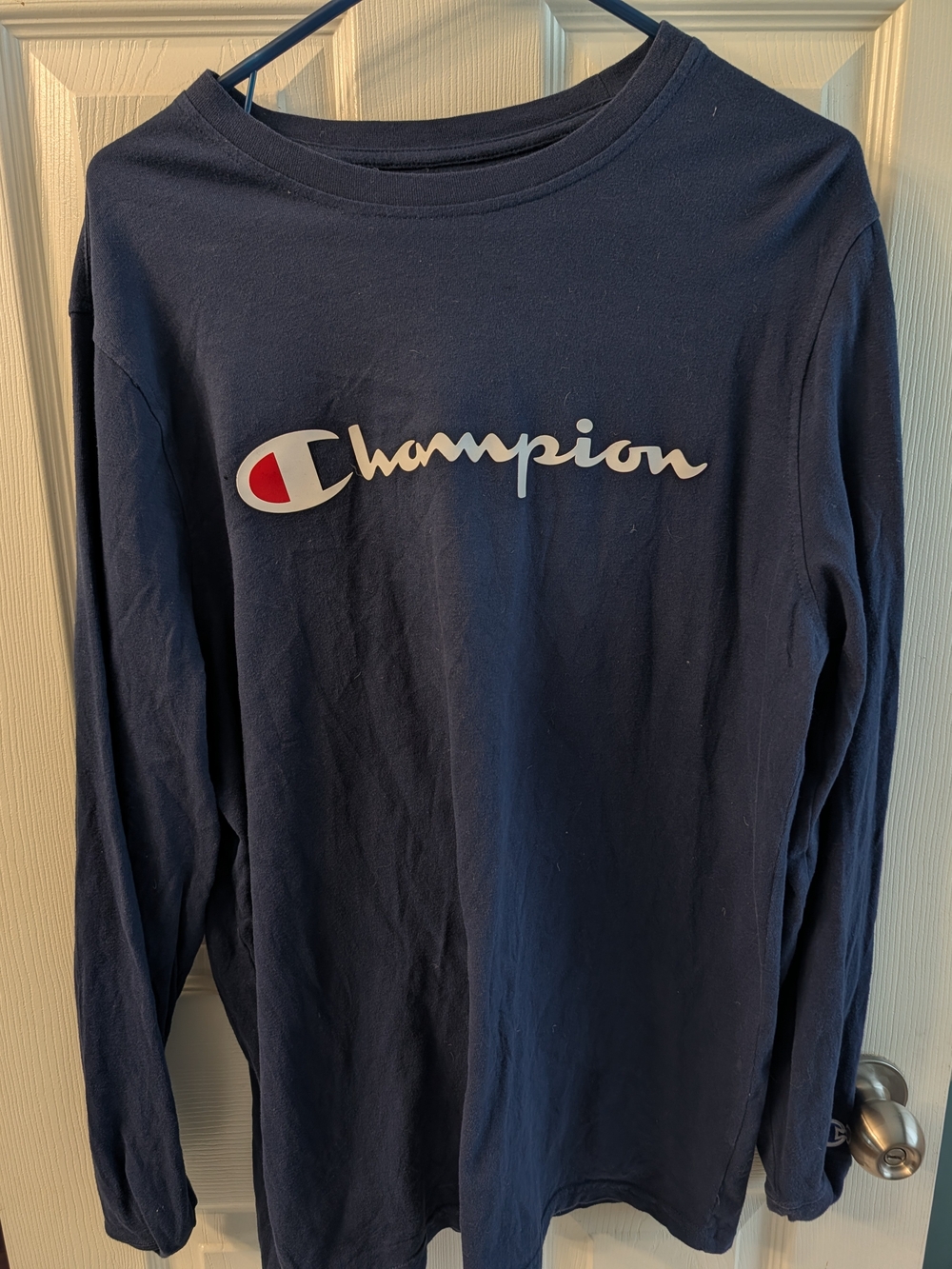 Men's Champion Long Sleeve Logo Tee - Navy with Red Accent